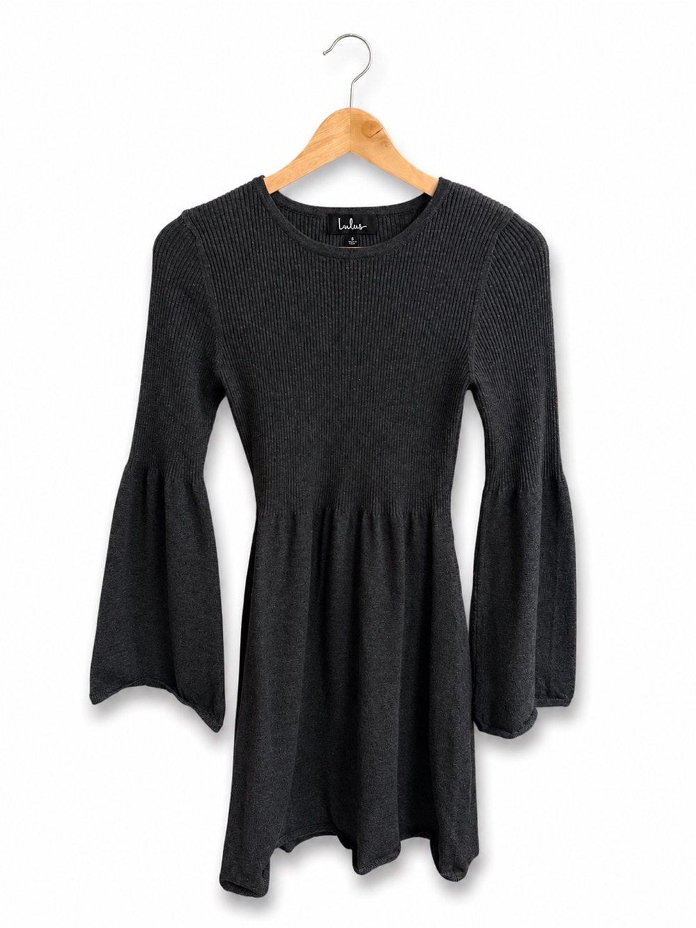 Lulus Dark Gray Ribbed Bell Sleeve Fit & Flare Sweater Dress Size S